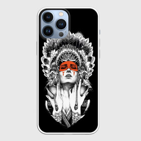 Чехол для iPhone 13 Pro Max с принтом Женщина индеец в Екатеринбурге,  |  | Тематика изображения на принте: девушка индеец | индеец | перья на голове | перья. | татуировки
