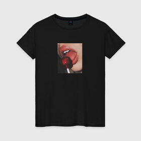 Женская футболка хлопок с принтом CHUPA CHUPS в Екатеринбурге, 100% хлопок | прямой крой, круглый вырез горловины, длина до линии бедер, слегка спущенное плечо | винишко тян | губы | девушка | сохры . | чупа чупс