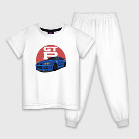 Детская пижама хлопок с принтом Nissan GT-R 34 в Екатеринбурге, 100% хлопок |  брюки и футболка прямого кроя, без карманов, на брюках мягкая резинка на поясе и по низу штанин
 | Тематика изображения на принте: drift | gt r 34 | nissan gtr | r34 | skyline