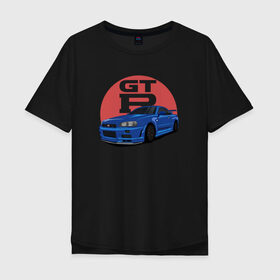 Мужская футболка хлопок Oversize с принтом Nissan GT-R 34 в Екатеринбурге, 100% хлопок | свободный крой, круглый ворот, “спинка” длиннее передней части | drift | gt r 34 | nissan gtr | r34 | skyline
