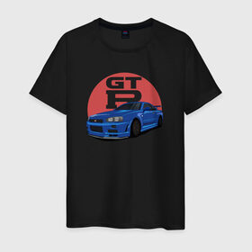 Мужская футболка хлопок с принтом Nissan GT-R 34 в Екатеринбурге, 100% хлопок | прямой крой, круглый вырез горловины, длина до линии бедер, слегка спущенное плечо. | drift | gt r 34 | nissan gtr | r34 | skyline