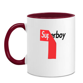 Кружка двухцветная с принтом Superboy в Екатеринбурге, керамика | объем — 330 мл, диаметр — 80 мм. Цветная ручка и кайма сверху, в некоторых цветах — вся внутренняя часть | boy | super | superboy | парень | супер мальчик | супер парень | супер.