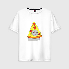 Женская футболка хлопок Oversize с принтом Кот и пицца в Екатеринбурге, 100% хлопок | свободный крой, круглый ворот, спущенный рукав, длина до линии бедер
 | еда | животные | кот | кот в пицце | котик | кошка | мем | прикол | смешной | юмор