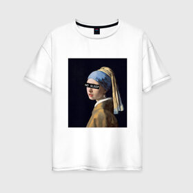 Женская футболка хлопок Oversize с принтом Девушка с жемчужной сережкой в Екатеринбурге, 100% хлопок | свободный крой, круглый ворот, спущенный рукав, длина до линии бедер
 | девушка с жемчужной сережкой | живопись | картина | маурицхёйс | мона лиза