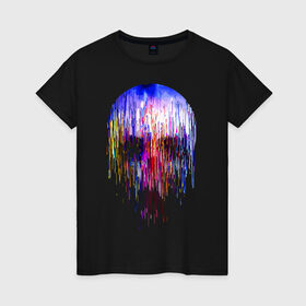 Женская футболка хлопок с принтом Skull illusion в Екатеринбурге, 100% хлопок | прямой крой, круглый вырез горловины, длина до линии бедер, слегка спущенное плечо | Тематика изображения на принте: color | glitch | neon | paint | skull | vanguard | авангард | глитч | краска | неон | цвет | череп