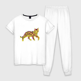 Женская пижама хлопок с принтом Бенгальский кот в Екатеринбурге, 100% хлопок | брюки и футболка прямого кроя, без карманов, на брюках мягкая резинка на поясе и по низу штанин | Тематика изображения на принте: bengal | cat | color | colorful | kitten | kitty | puss | pussycat | tiger | vivid | бенгал | бенгальская | грация | киса | киска | кот | котенок | котик | кошатник | кошатница | кошка | леопард | леопардовая | люблю котов | малайзия