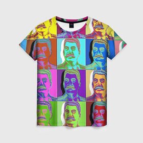 Женская футболка 3D с принтом Stalin pop-art в Екатеринбурге, 100% полиэфир ( синтетическое хлопкоподобное полотно) | прямой крой, круглый вырез горловины, длина до линии бедер | chief | color | eyes | moustache | pop art | stalin | view | взгляд | вождь | глаза | поп  арт | сталин | усы | цвет