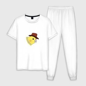 Мужская пижама хлопок с принтом Бонжур в Екатеринбурге, 100% хлопок | брюки и футболка прямого кроя, без карманов, на брюках мягкая резинка на поясе и по низу штанин
 | mem | бонжур | мем | попугай | попугай в шляпе | прикол | птица | стикер | юмор