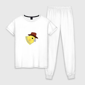 Женская пижама хлопок с принтом Бонжур в Екатеринбурге, 100% хлопок | брюки и футболка прямого кроя, без карманов, на брюках мягкая резинка на поясе и по низу штанин | mem | бонжур | мем | попугай | попугай в шляпе | прикол | птица | стикер | юмор