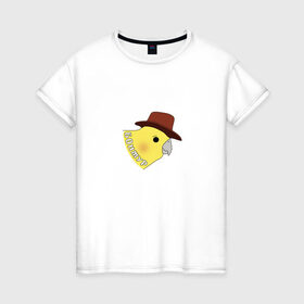 Женская футболка хлопок с принтом Бонжур в Екатеринбурге, 100% хлопок | прямой крой, круглый вырез горловины, длина до линии бедер, слегка спущенное плечо | mem | бонжур | мем | попугай | попугай в шляпе | прикол | птица | стикер | юмор