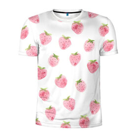 Мужская футболка 3D спортивная с принтом Нежная клубника в Екатеринбурге, 100% полиэстер с улучшенными характеристиками | приталенный силуэт, круглая горловина, широкие плечи, сужается к линии бедра | арт | белый | зеленый | клубника | листья | рисунок | розовый | розовый рисунок | фрукт | фрукты | штамп | ягода | ягоды