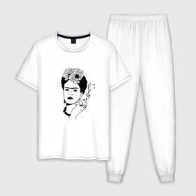 Мужская пижама хлопок с принтом Фрида Кало в Екатеринбурге, 100% хлопок | брюки и футболка прямого кроя, без карманов, на брюках мягкая резинка на поясе и по низу штанин
 | Тематика изображения на принте: 