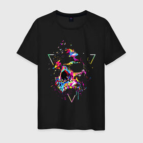 Мужская футболка хлопок с принтом Skull в Екатеринбурге, 100% хлопок | прямой крой, круглый вырез горловины, длина до линии бедер, слегка спущенное плечо. | bird | blot | color | neon | paint | skull | triangle | клякса | краска | неон | птица | треугольник | цвет | череп