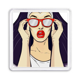 Магнит 55*55 с принтом Монашка в Екатеринбурге, Пластик | Размер: 65*65 мм; Размер печати: 55*55 мм | губы | женщина | иллюстрация | монашка | очки | язык