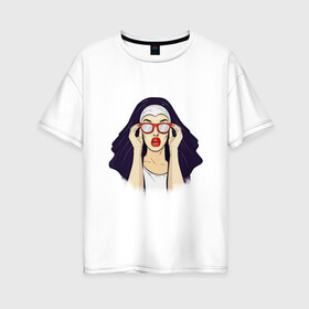 Женская футболка хлопок Oversize с принтом Монашка в Екатеринбурге, 100% хлопок | свободный крой, круглый ворот, спущенный рукав, длина до линии бедер
 | Тематика изображения на принте: губы | женщина | иллюстрация | монашка | очки | язык