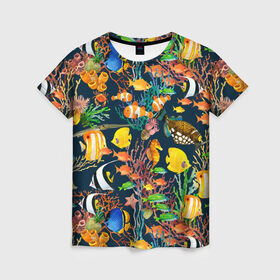 Женская футболка 3D с принтом Морской мир в Екатеринбурге, 100% полиэфир ( синтетическое хлопкоподобное полотно) | прямой крой, круглый вырез горловины, длина до линии бедер | абстракция | аквариум | вода | водный мир | линия | море | нейтральная | океан | рыба | рыбки | рыбы | текстуры | узоры