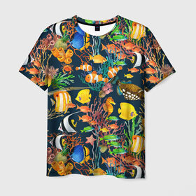 Мужская футболка 3D с принтом Морской мир в Екатеринбурге, 100% полиэфир | прямой крой, круглый вырез горловины, длина до линии бедер | Тематика изображения на принте: абстракция | аквариум | вода | водный мир | линия | море | нейтральная | океан | рыба | рыбки | рыбы | текстуры | узоры