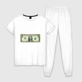 Женская пижама хлопок с принтом One dollar в Екатеринбурге, 100% хлопок | брюки и футболка прямого кроя, без карманов, на брюках мягкая резинка на поясе и по низу штанин | bill | dollar | one | богатство | деньги | доллары | монеты | один | сша