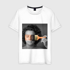 Мужская футболка хлопок с принтом портрет в Екатеринбурге, 100% хлопок | прямой крой, круглый вырез горловины, длина до линии бедер, слегка спущенное плечо. | девушка | искусство | краска | полоса | портрет