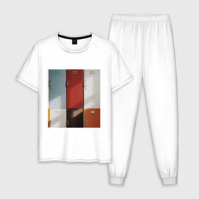 Мужская пижама хлопок с принтом шкафчики в Екатеринбурге, 100% хлопок | брюки и футболка прямого кроя, без карманов, на брюках мягкая резинка на поясе и по низу штанин
 | Тематика изображения на принте: метал | минимализм | простота | шкафчики | ячейки