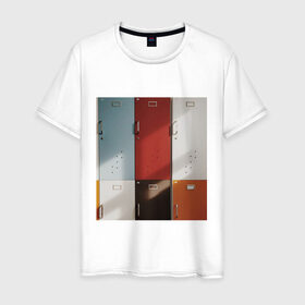 Мужская футболка хлопок с принтом шкафчики в Екатеринбурге, 100% хлопок | прямой крой, круглый вырез горловины, длина до линии бедер, слегка спущенное плечо. | Тематика изображения на принте: метал | минимализм | простота | шкафчики | ячейки