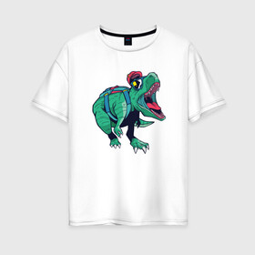 Женская футболка хлопок Oversize с принтом Крутой динозавр в Екатеринбурге, 100% хлопок | свободный крой, круглый ворот, спущенный рукав, длина до линии бедер
 | dino | dinosaur | rex | t rex | tourism | tourist | tyrannosaur | в кепке | в очках | в школу | дино | орет | очки | палеонтология | пасть | рычит | рэкс | с рюкзаком | ти рекс | тираннозавр | тиранозавр | тирекс | туризм | турис