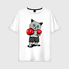 Женская футболка хлопок Oversize с принтом БоксерКотэ в Екатеринбурге, 100% хлопок | свободный крой, круглый ворот, спущенный рукав, длина до линии бедер
 | бокс | домашние животные | кот | кошки | спортсмену | юмор