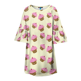 Детское платье 3D с принтом Кексы в Екатеринбурге, 100% полиэстер | прямой силуэт, чуть расширенный к низу. Круглая горловина, на рукавах — воланы | Тематика изображения на принте: арт | выпечка | еда | кекс | кексик | кексы | рисунок | розовый | салатовый