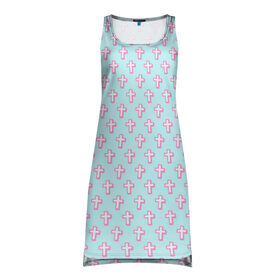 Платье-майка 3D с принтом Розовые крестики в Екатеринбурге, 100% полиэстер | полуприлегающий силуэт, широкие бретели, круглый вырез горловины, удлиненный подол сзади. | арт | белый | готика | крест | крестики | кресты | рисунок | розовый | синий