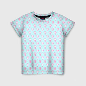 Детская футболка 3D с принтом Розовые крестики в Екатеринбурге, 100% гипоаллергенный полиэфир | прямой крой, круглый вырез горловины, длина до линии бедер, чуть спущенное плечо, ткань немного тянется | арт | белый | готика | крест | крестики | кресты | рисунок | розовый | синий