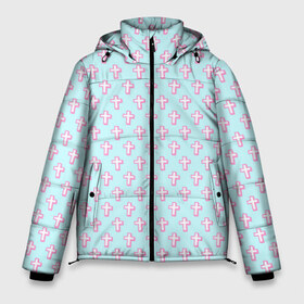 Мужская зимняя куртка 3D с принтом Розовые крестики в Екатеринбурге, верх — 100% полиэстер; подкладка — 100% полиэстер; утеплитель — 100% полиэстер | длина ниже бедра, свободный силуэт Оверсайз. Есть воротник-стойка, отстегивающийся капюшон и ветрозащитная планка. 

Боковые карманы с листочкой на кнопках и внутренний карман на молнии. | Тематика изображения на принте: арт | белый | готика | крест | крестики | кресты | рисунок | розовый | синий