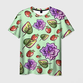 Мужская футболка 3D с принтом Роза и земляника в Екатеринбурге, 100% полиэфир | прямой крой, круглый вырез горловины, длина до линии бедер | арт | зеленый | земляника | красный | листок | листья | рисунок | роза | розы | салатовый | фиолетовая роза | фиолетовые розы | фиолетовый | цветок | цветы | ягода | ягоды