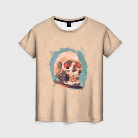 Женская футболка 3D с принтом Череп в Екатеринбурге, 100% полиэфир ( синтетическое хлопкоподобное полотно) | прямой крой, круглый вырез горловины, длина до линии бедер | бежевая | прикольная | принт | ромео и джульетта | скелет | череп | черепа