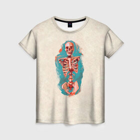 Женская футболка 3D с принтом Скелет Джо в Екатеринбурге, 100% полиэфир ( синтетическое хлопкоподобное полотно) | прямой крой, круглый вырез горловины, длина до линии бедер | бежевая | прикольная | принт | скелет | смешная | череп