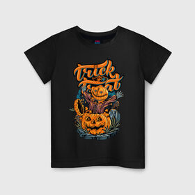 Детская футболка хлопок с принтом Trick or treat. Хэллоуин в Екатеринбурге, 100% хлопок | круглый вырез горловины, полуприлегающий силуэт, длина до линии бедер | Тематика изображения на принте: halloween | helloween | trick or treat | монстры | приколы | тыква | ужасы | хеллоуин | хэллоуин