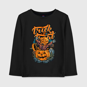 Детский лонгслив хлопок с принтом Trick or treat. Хэллоуин в Екатеринбурге, 100% хлопок | круглый вырез горловины, полуприлегающий силуэт, длина до линии бедер | halloween | helloween | trick or treat | монстры | приколы | тыква | ужасы | хеллоуин | хэллоуин
