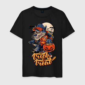 Мужская футболка хлопок с принтом Trick or treat. Хэллоуин в Екатеринбурге, 100% хлопок | прямой крой, круглый вырез горловины, длина до линии бедер, слегка спущенное плечо. | halloween | helloween | trick or treat | монстры | приколы | тыква | ужасы | хеллоуин | хэллоуин