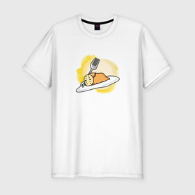 Мужская футболка хлопок Slim с принтом Gandetama в Екатеринбурге, 92% хлопок, 8% лайкра | приталенный силуэт, круглый вырез ворота, длина до линии бедра, короткий рукав | gudetama | аниме | гудетама | желток | стекающее яйцо | уставшее яйцо | яйца