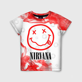 Детская футболка 3D с принтом NIRVANA / НИРВАНА в Екатеринбурге, 100% гипоаллергенный полиэфир | прямой крой, круглый вырез горловины, длина до линии бедер, чуть спущенное плечо, ткань немного тянется | band | cobain | face | kurt | logo | music | nirvana | rock | rocknroll | группа | кобейн | курт | лого | логотип | музыка | музыкальная | нирвана | рожица | рок | рокнролл | символ