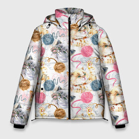 Мужская зимняя куртка 3D с принтом Милые котики с клубками пряжи в Екатеринбурге, верх — 100% полиэстер; подкладка — 100% полиэстер; утеплитель — 100% полиэстер | длина ниже бедра, свободный силуэт Оверсайз. Есть воротник-стойка, отстегивающийся капюшон и ветрозащитная планка. 

Боковые карманы с листочкой на кнопках и внутренний карман на молнии. | Тематика изображения на принте: абстракция | клубок | кот | котик | коты | кошка | кошки | линия | милота | милые | милый | мяу | нейтральная | пряжа | стиль | текстуры | узоры