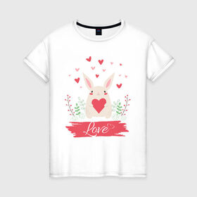 Женская футболка хлопок с принтом Влюблённая Зая | Love в Екатеринбурге, 100% хлопок | прямой крой, круглый вырез горловины, длина до линии бедер, слегка спущенное плечо | Тематика изображения на принте: 