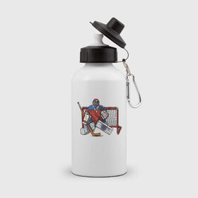 Бутылка спортивная с принтом Хоккейный вратарь в Екатеринбурге, металл | емкость — 500 мл, в комплекте две пластиковые крышки и карабин для крепления | 