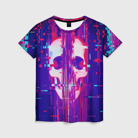 Женская футболка 3D с принтом Skull glitch в Екатеринбурге, 100% полиэфир ( синтетическое хлопкоподобное полотно) | прямой крой, круглый вырез горловины, длина до линии бедер | Тематика изображения на принте: color | fashion | glitch | jaw | skull | vanguard | авангард | глитч | мода | пасть | цвет | череп