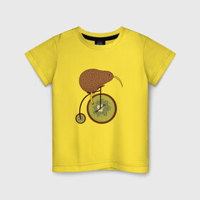 Детская футболка хлопок с принтом Киви на велосипеде в Екатеринбурге, 100% хлопок | круглый вырез горловины, полуприлегающий силуэт, длина до линии бедер | Тематика изображения на принте: bike | bird | birds | circus | cute | fruit | funny | kiwi | байк | берд | большое колесо | в разрезе | клюв | милая | милота | не достает до педалей | пополам | прикол | природа | птичка | с большим колесом | смешная | фрукт | 