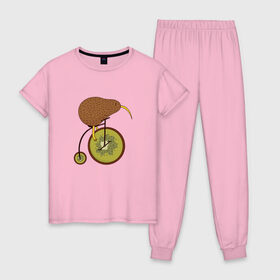 Женская пижама хлопок с принтом Киви на велосипеде в Екатеринбурге, 100% хлопок | брюки и футболка прямого кроя, без карманов, на брюках мягкая резинка на поясе и по низу штанин | Тематика изображения на принте: bike | bird | birds | circus | cute | fruit | funny | kiwi | байк | берд | большое колесо | в разрезе | клюв | милая | милота | не достает до педалей | пополам | прикол | природа | птичка | с большим колесом | смешная | фрукт | 