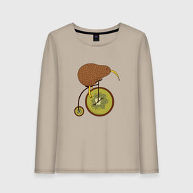 Женский лонгслив хлопок с принтом Киви на велосипеде в Екатеринбурге, 100% хлопок |  | bike | bird | birds | circus | cute | fruit | funny | kiwi | байк | берд | большое колесо | в разрезе | клюв | милая | милота | не достает до педалей | пополам | прикол | природа | птичка | с большим колесом | смешная | фрукт | 