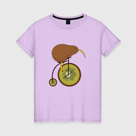 Женская футболка хлопок с принтом Киви на велосипеде в Екатеринбурге, 100% хлопок | прямой крой, круглый вырез горловины, длина до линии бедер, слегка спущенное плечо | bike | bird | birds | circus | cute | fruit | funny | kiwi | байк | берд | большое колесо | в разрезе | клюв | милая | милота | не достает до педалей | пополам | прикол | природа | птичка | с большим колесом | смешная | фрукт | 