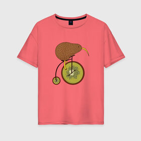 Женская футболка хлопок Oversize с принтом Киви на велосипеде в Екатеринбурге, 100% хлопок | свободный крой, круглый ворот, спущенный рукав, длина до линии бедер
 | Тематика изображения на принте: bike | bird | birds | circus | cute | fruit | funny | kiwi | байк | берд | большое колесо | в разрезе | клюв | милая | милота | не достает до педалей | пополам | прикол | природа | птичка | с большим колесом | смешная | фрукт | 