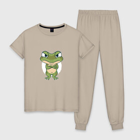 Женская пижама хлопок с принтом Сердитый лягушонок в Екатеринбурге, 100% хлопок | брюки и футболка прямого кроя, без карманов, на брюках мягкая резинка на поясе и по низу штанин | angry | bite | bites | cute | frog | froggy | frogs | grumpy | paw | paws | братец | возмущение | забавный | земноводное | земноводные | ква | лапка | лапки | лягушка | милота | милый | недовольный | обиделся | обижулька | сердится
