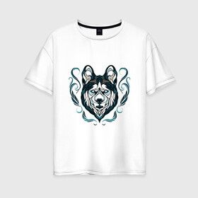 Женская футболка хлопок Oversize с принтом Хаски в Екатеринбурге, 100% хлопок | свободный крой, круглый ворот, спущенный рукав, длина до линии бедер
 | волк | друг человека | зима | лайка | маламут | пес | питомец | север | сибирь | снег | собака | собачка | хаски | хатико | щенок